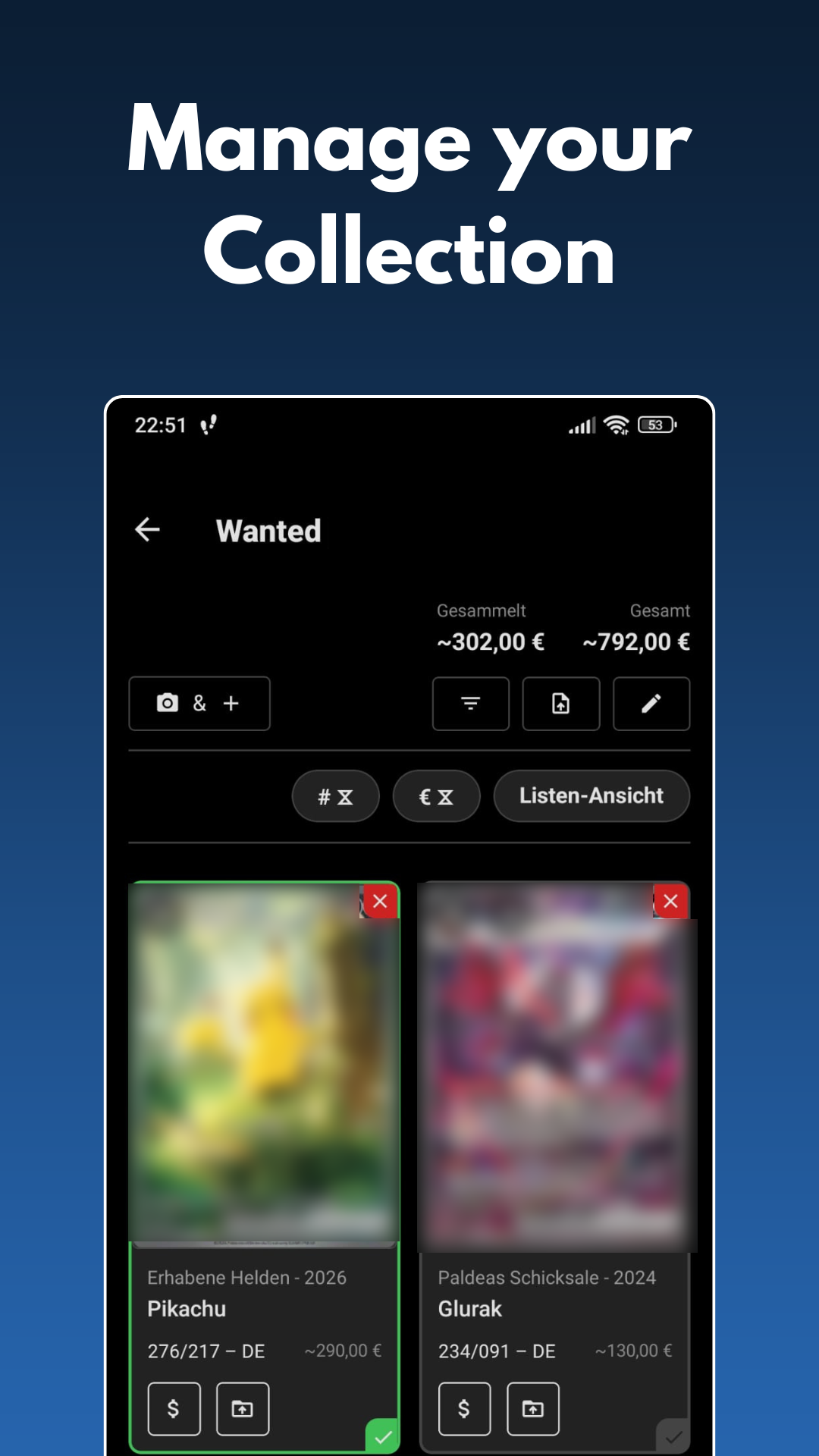 App screenshot: Card detail view with price information