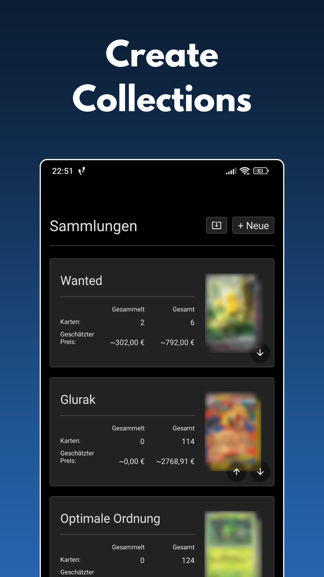 App screenshot: Overview of a digital Pokémon card collection