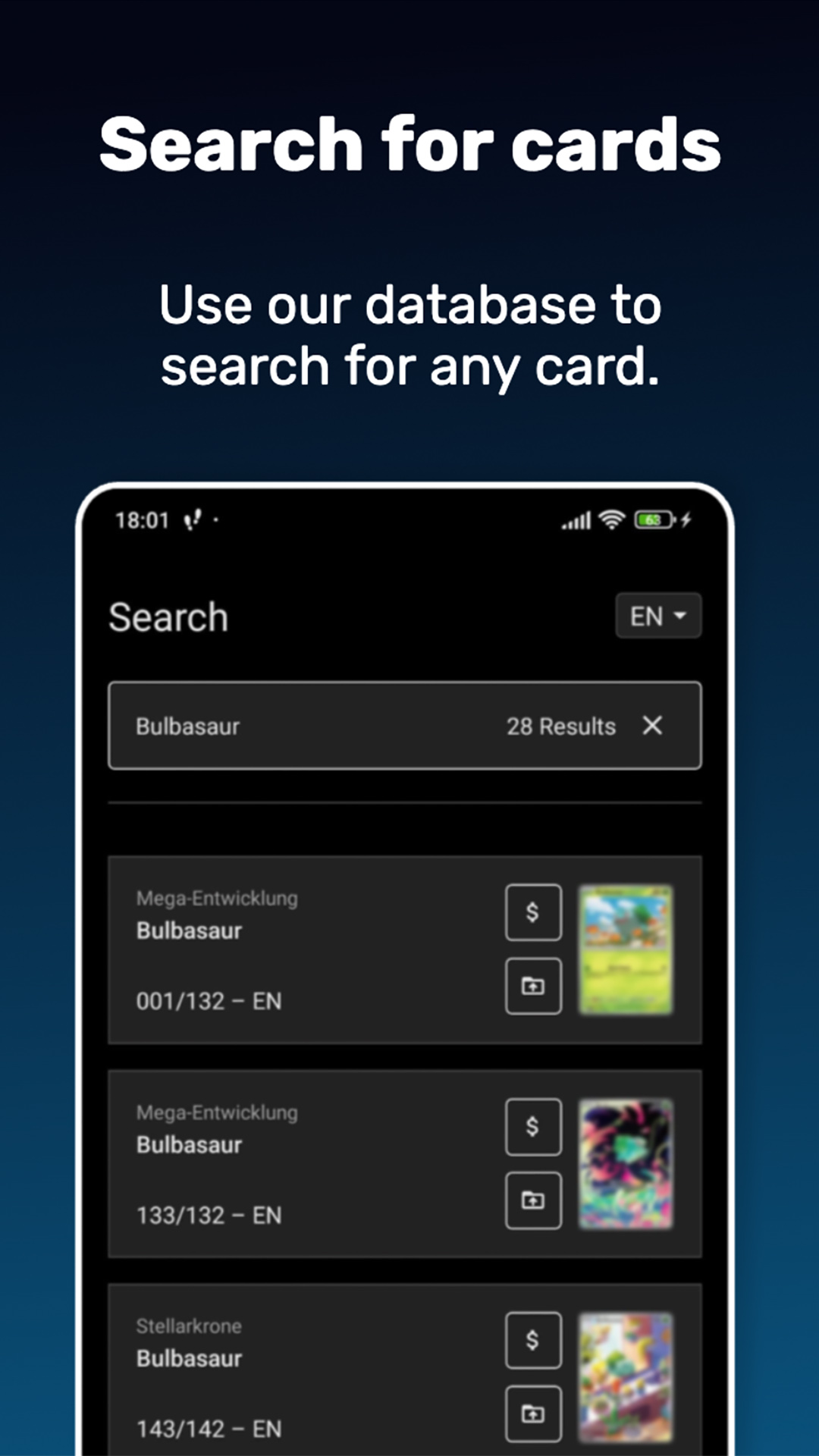 App-Screenshot: Suchfunktion zeigt Ergebnisse für "Bulbasaur"