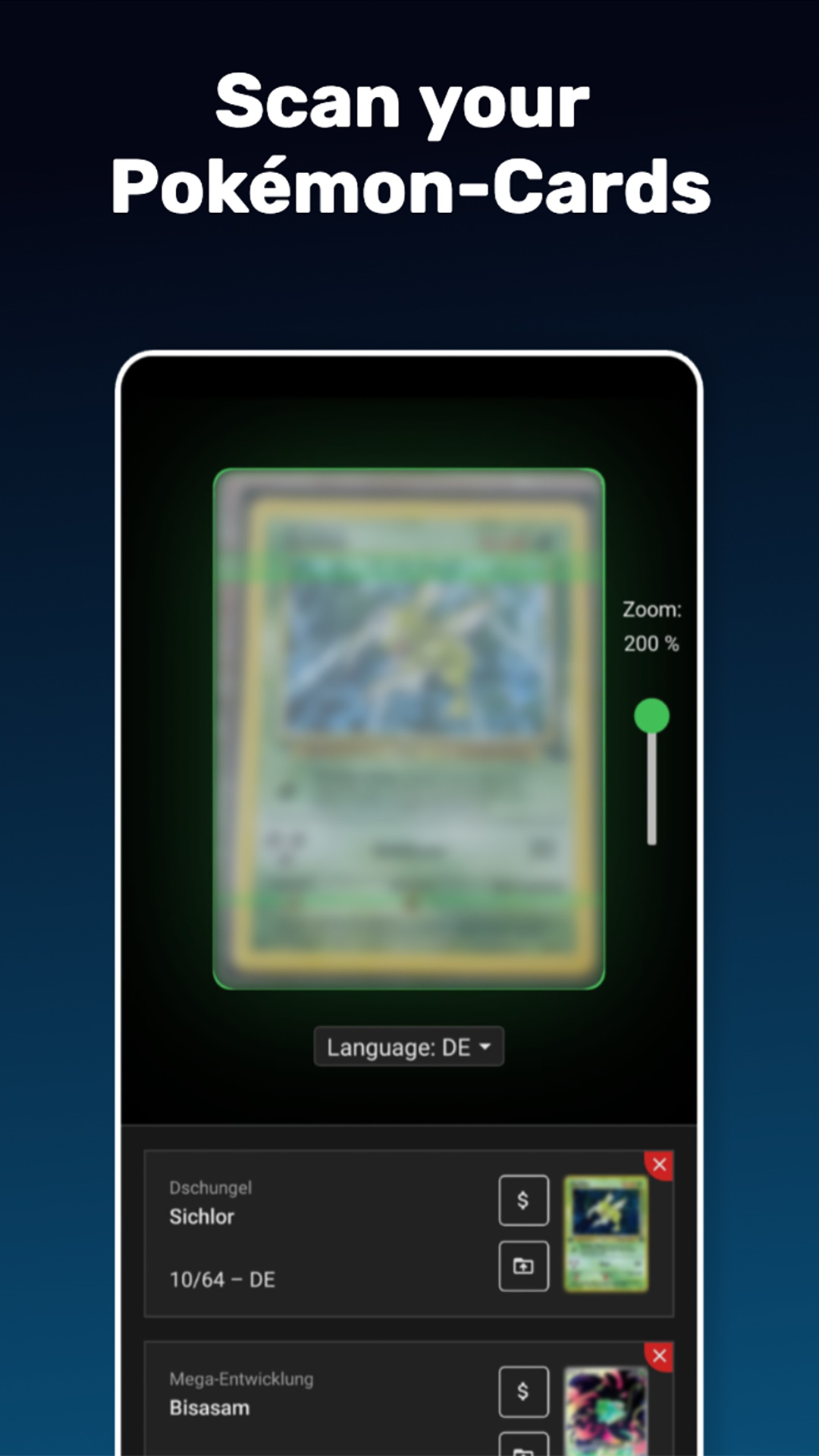 App-Screenshot: Echtzeit-Scanner erkennt eine Pokémon-Karte via Kamera