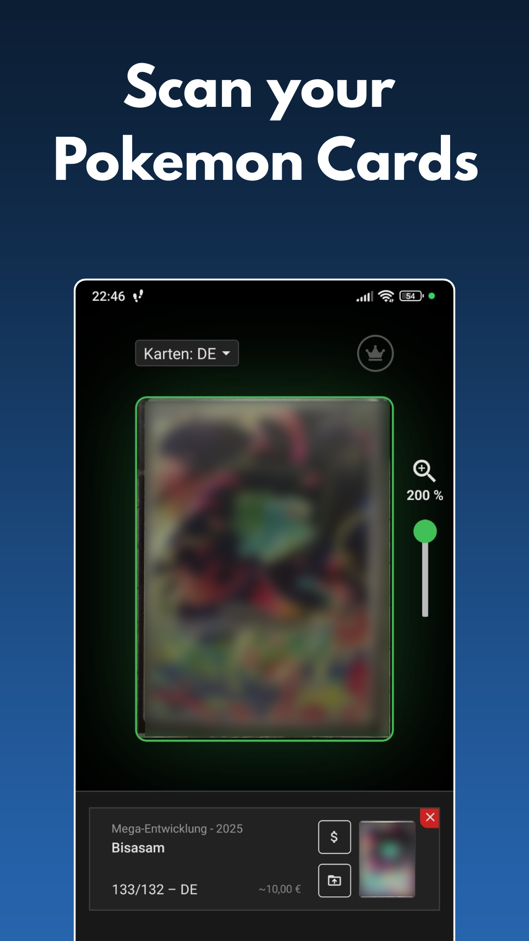 App screenshot: Real-time scanner identifying a Pokémon card via camera