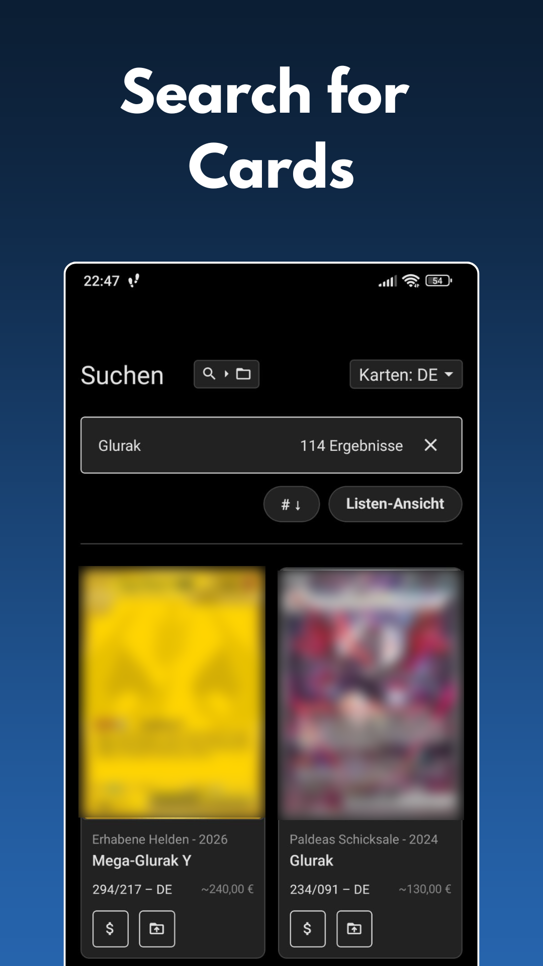 App screenshot: Search results for Pokémon cards