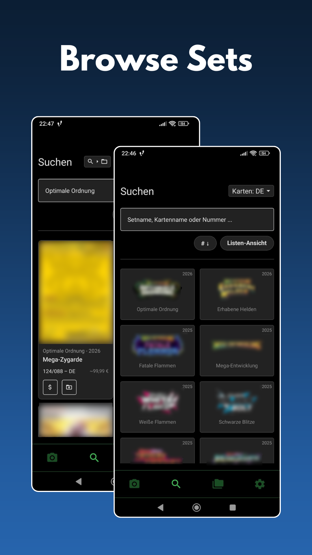 App screenshot: Browsing Pokémon card sets